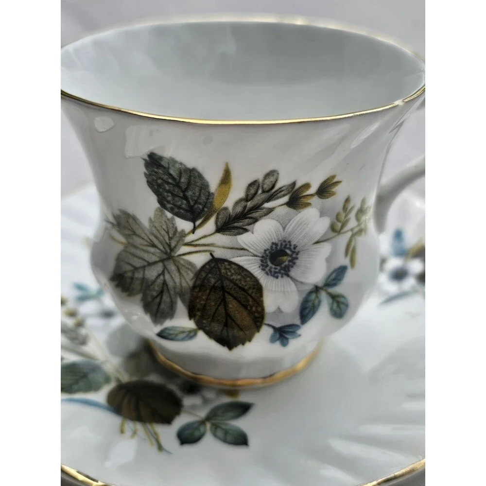 Royal Dover Bone China Floral Leaves Wheat Gold Trim Teacup Saucer Set